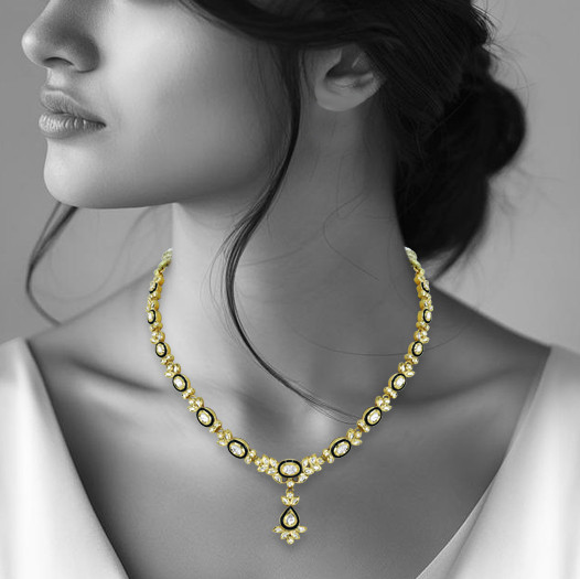Polki Necklace with Black Meena Oval Motif